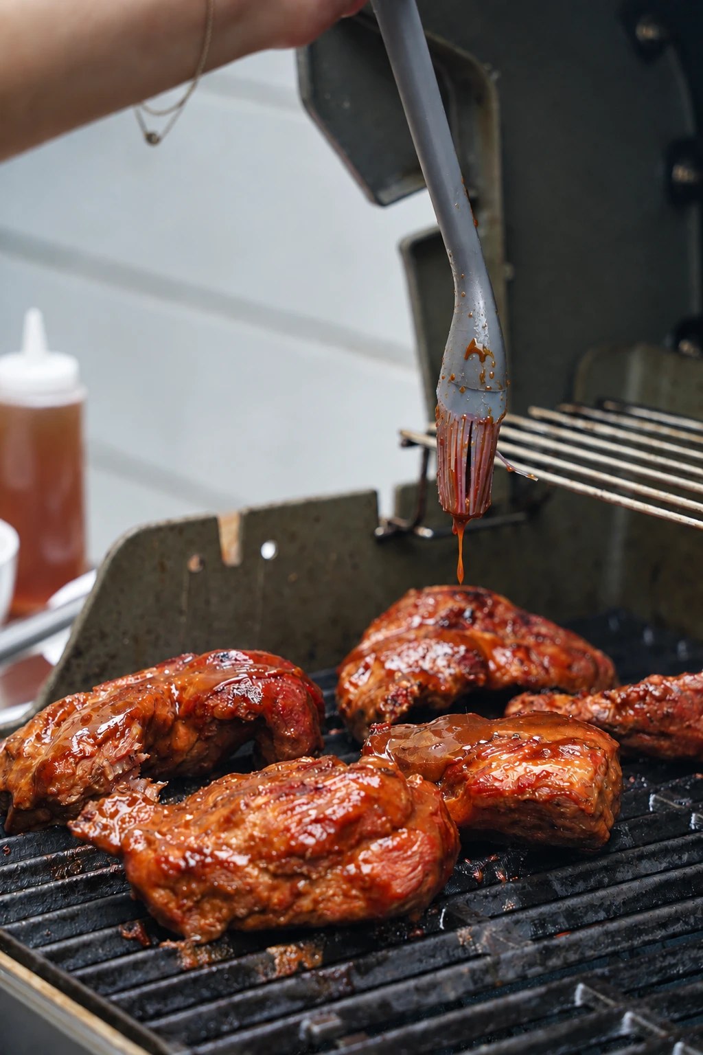 Char siu chicken thighs glazed and charred on the grill
