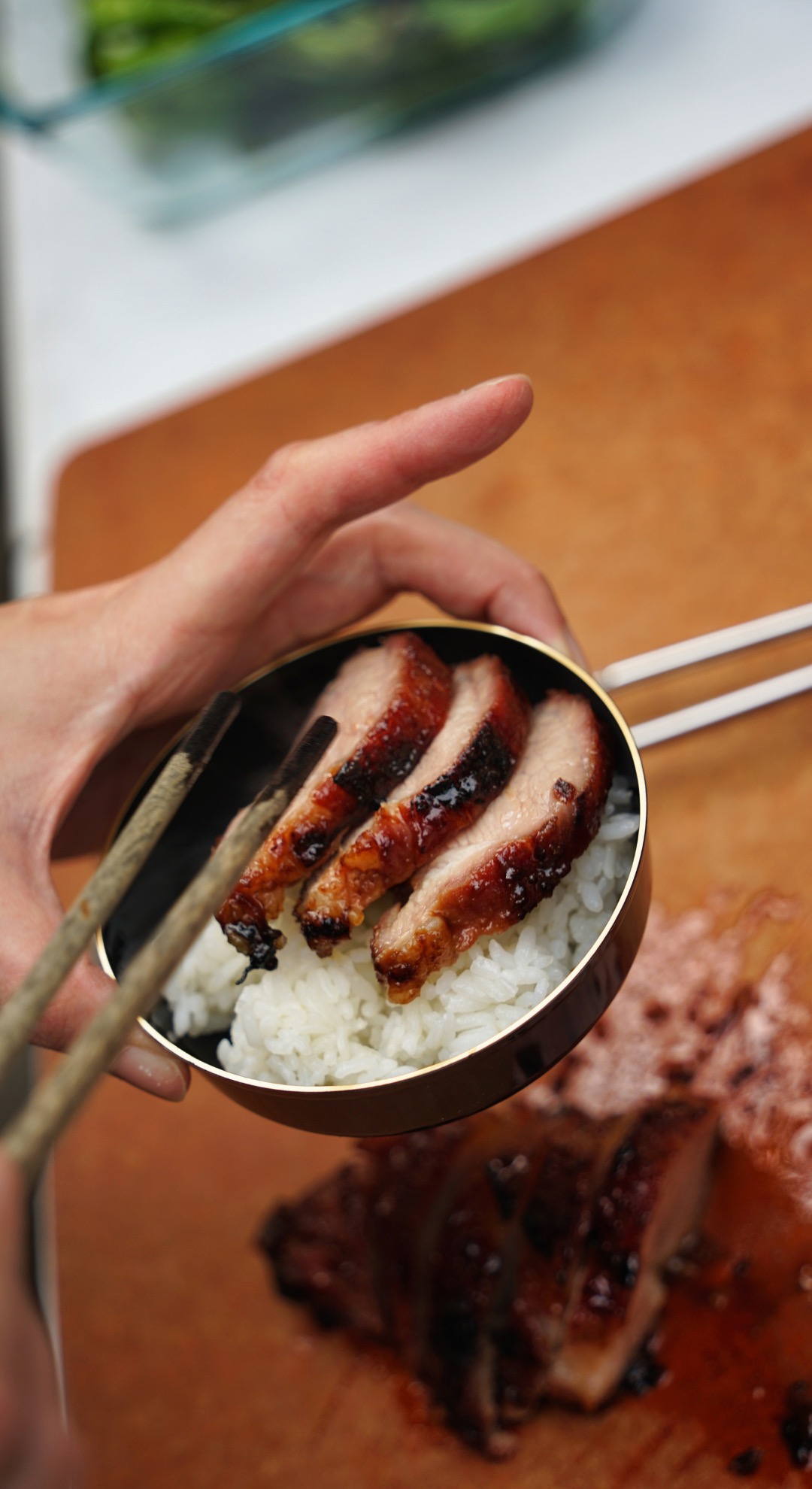 Delicious char siu pork with charah sauce served over rice